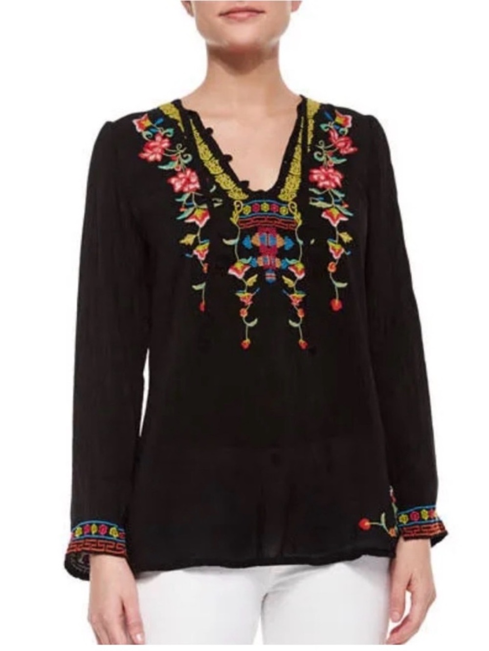 Johnny Was Suko Tunic Top Black Embroidered V-Neck Size Petite M - Picture 3 of 15